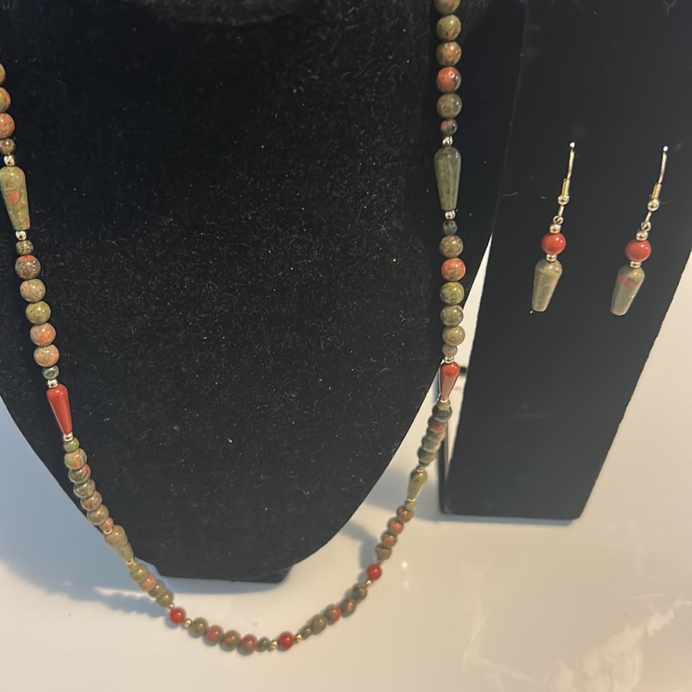 Handmade necklaces and earrings sets with green Unakite and red jade.